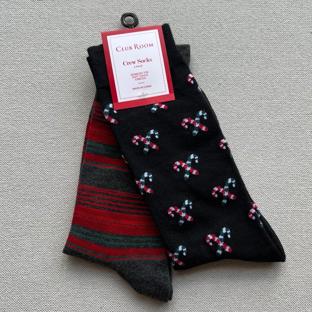 Men’s Club Room Macy’s 2-Pack Christmas Candy Cane & Red and Green Crew Socks